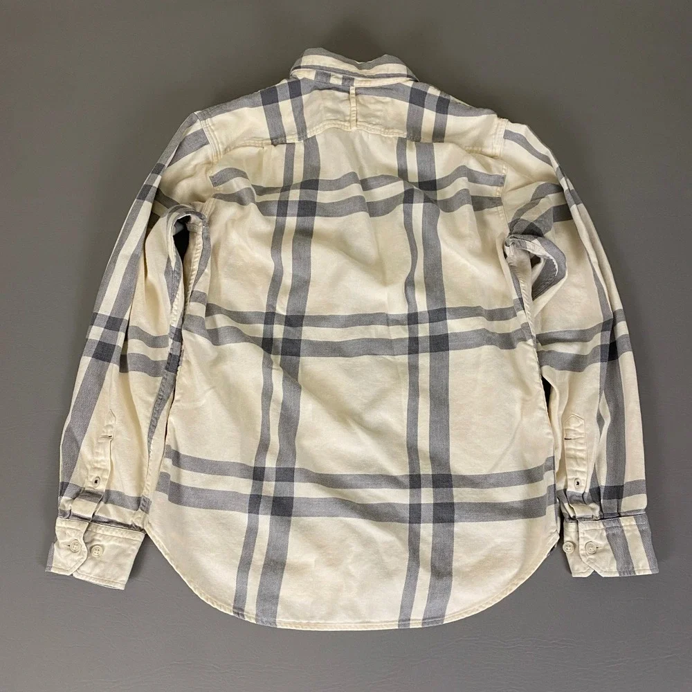 Banana Republic Flannel Shirt Men's Small Ivory‎ Gray Slim Fit Plaid Button Up